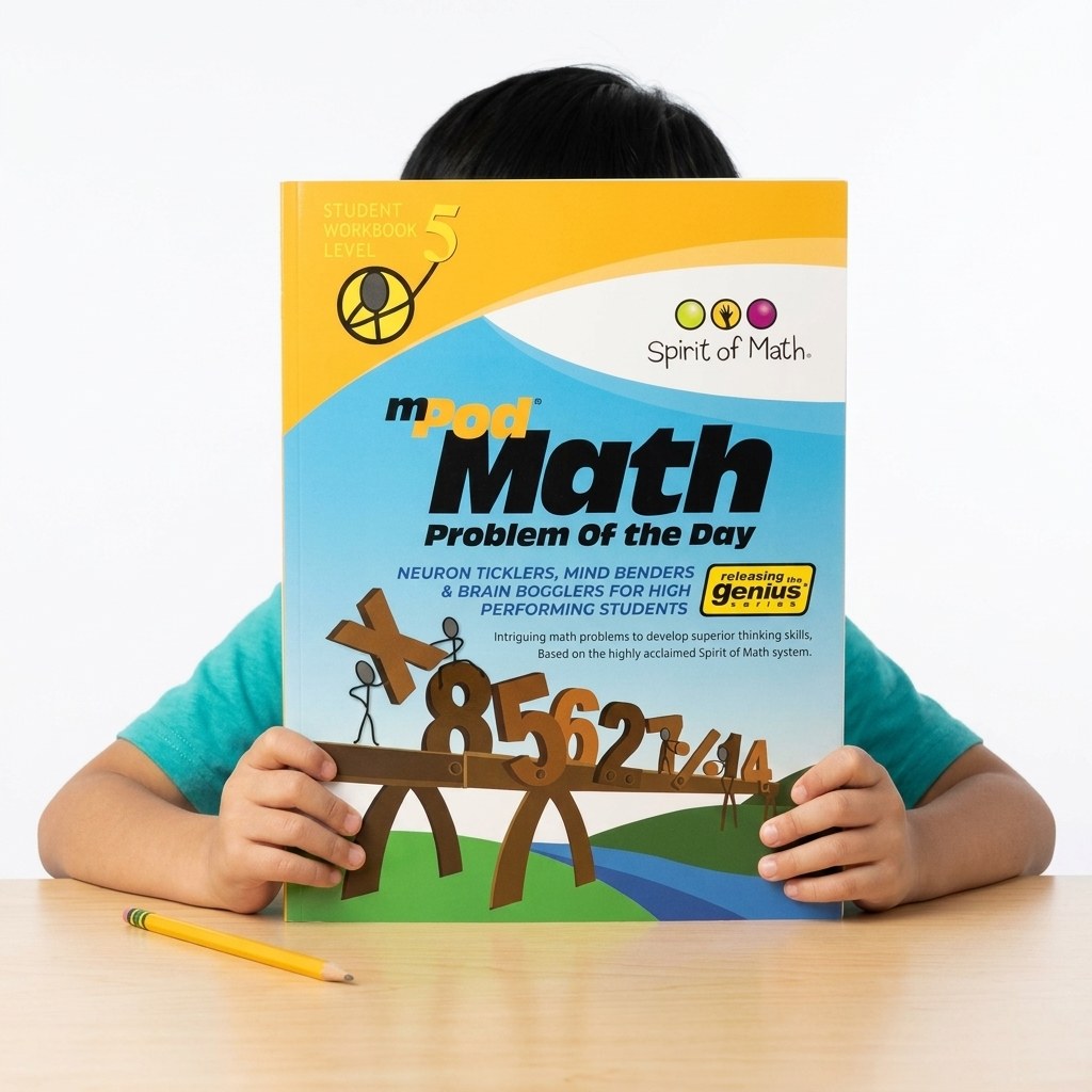 Math Problem of the Day (Student Workbook Level 5) — held by a young model